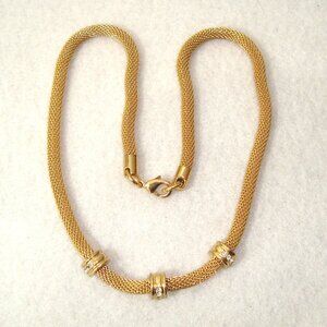 Vintage 70s 80s Gold Mesh 18" Chain with Crystal Accent Beads